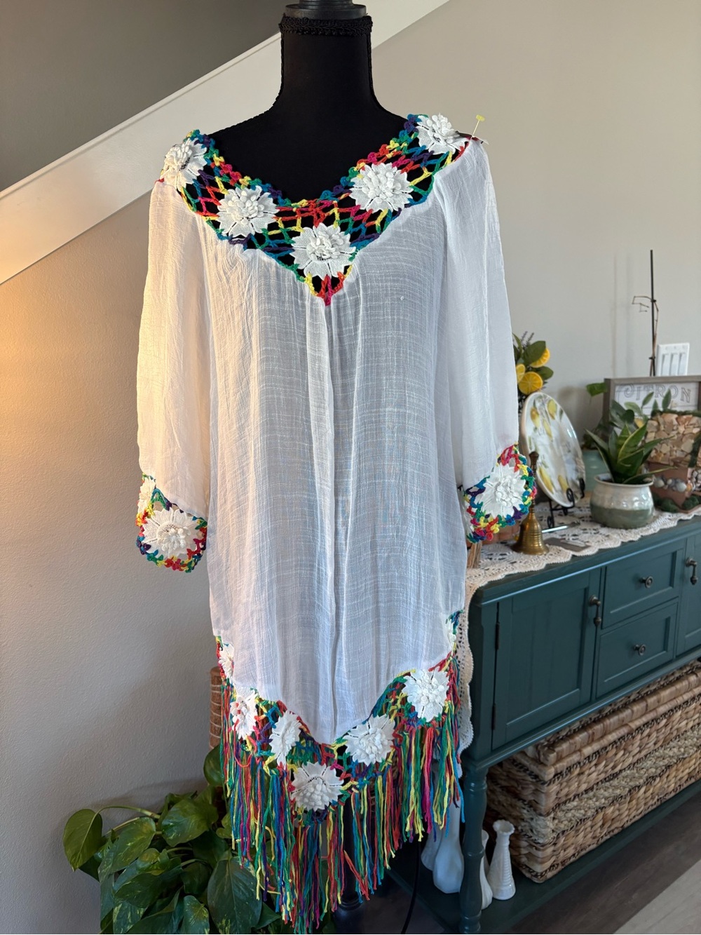 White Boho High-Low Dress with Multicolor Crochet Trim